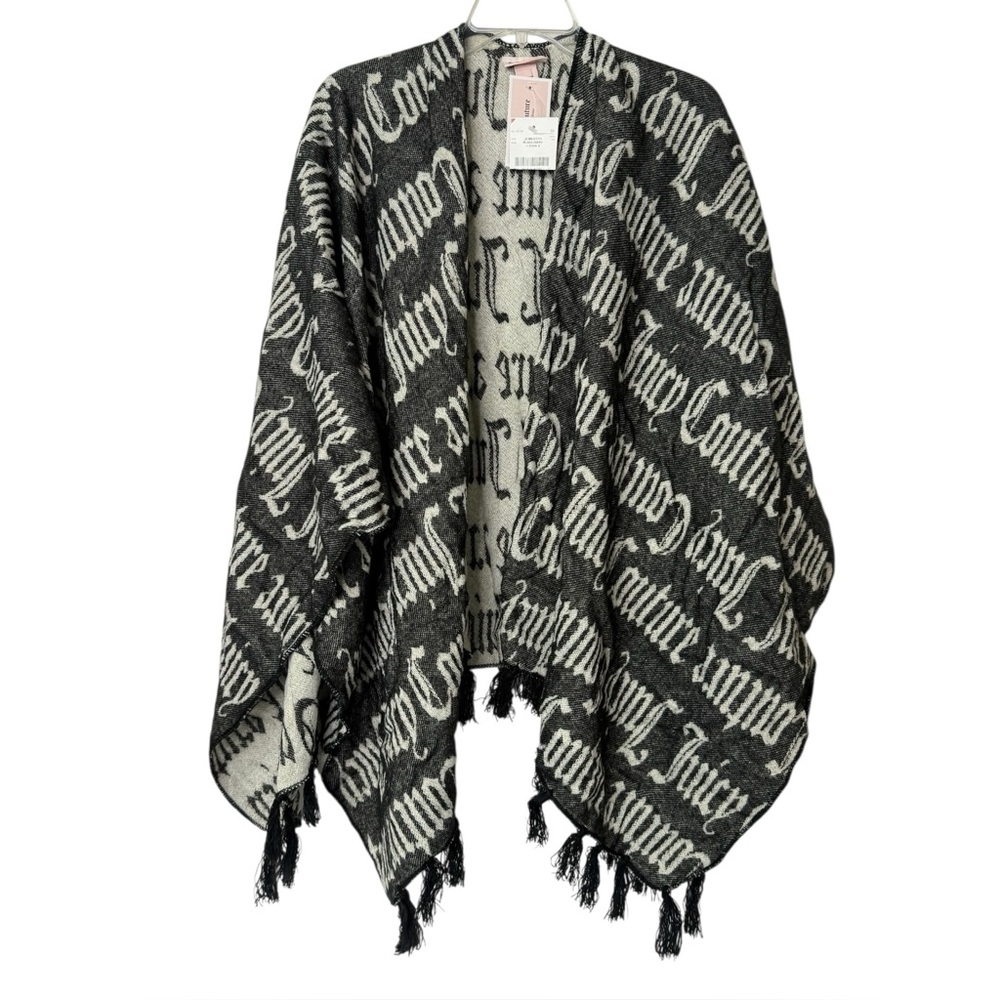 Juicy Couture Black & Ivory Logo Name Shawl Fringe Gold Thread Women's One Size